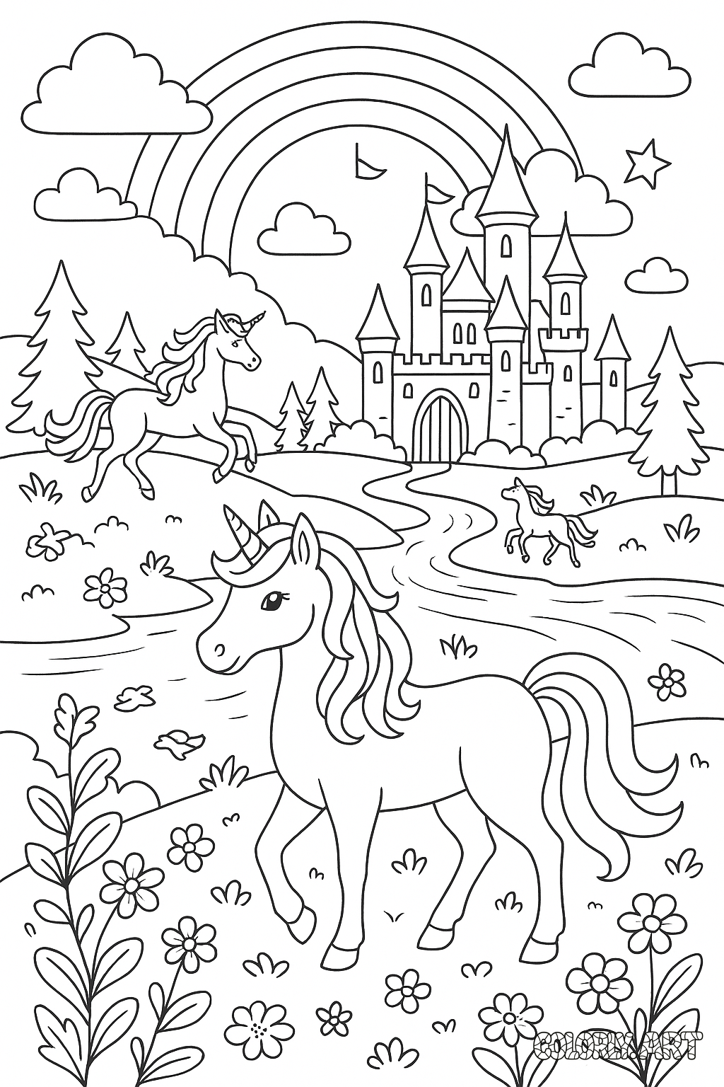 Unicorn Land Coloring Page    2 Coloring Book Page Coloring Scene Image Colorly.art 